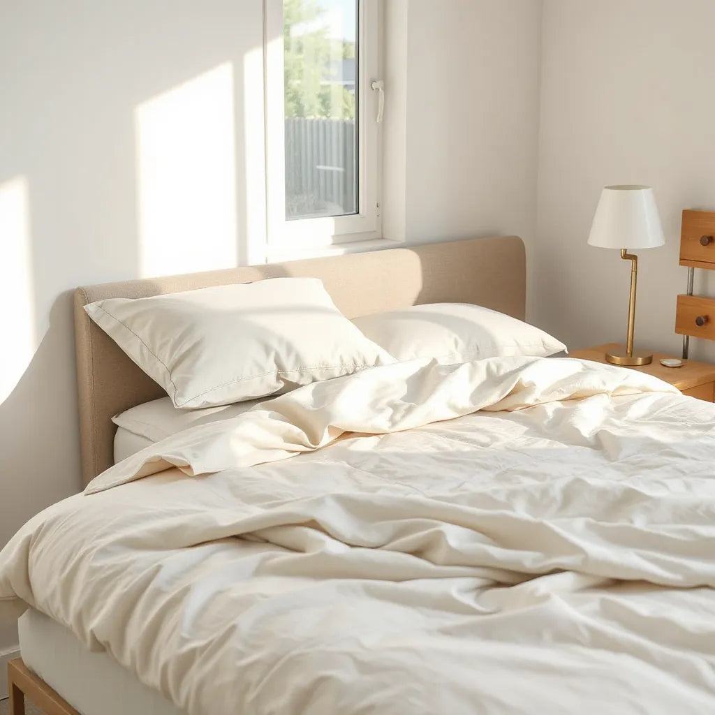 Well-made bed with premium mattress and breathable bedding in a calm, softly lit bedroom