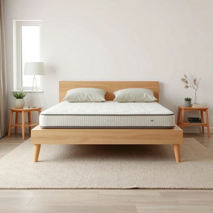Modern bed with a latex-textured mattress and neutral bedding in soft natural light