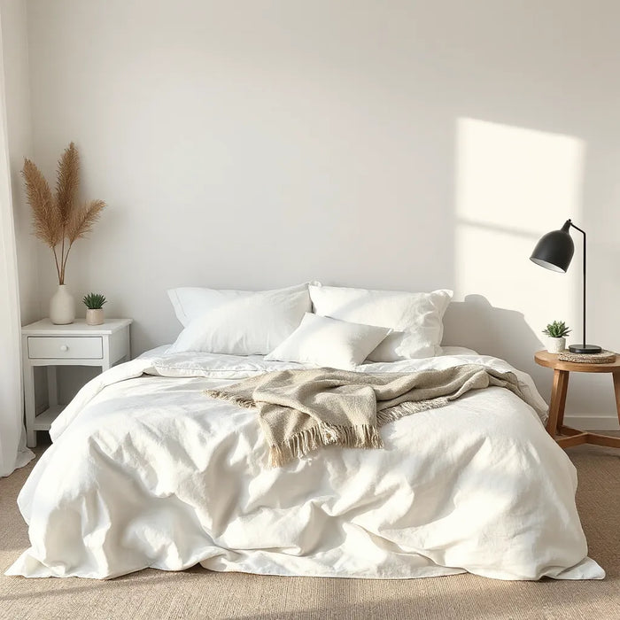 Neatly made bed with organic cotton and linen bedding in soft neutral tones under natural morning light