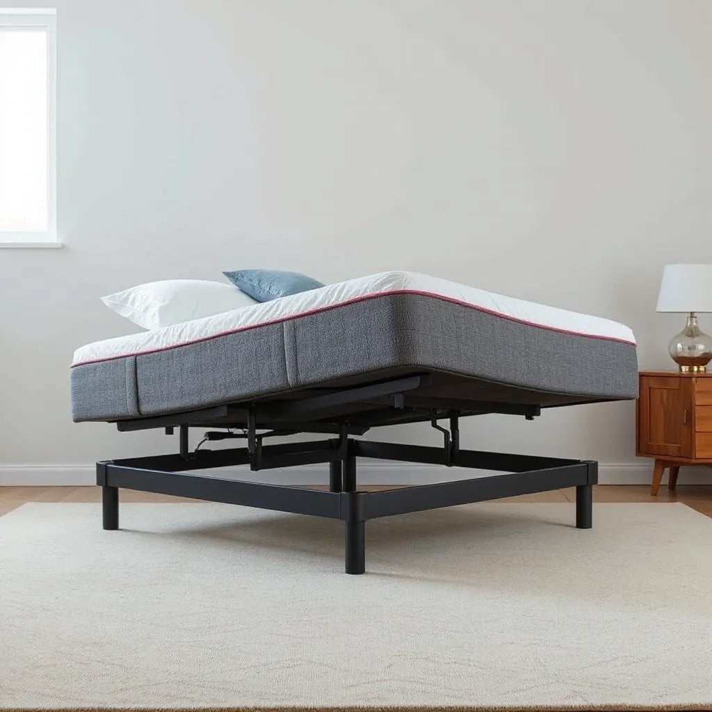 Adjustable bed frame with foot articulation in a modern, neatly styled bedroom