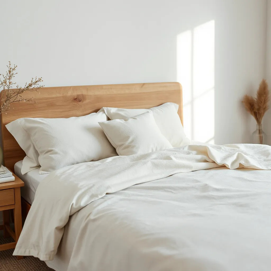 Neatly made bed with natural organic cotton bedding in soft daylight