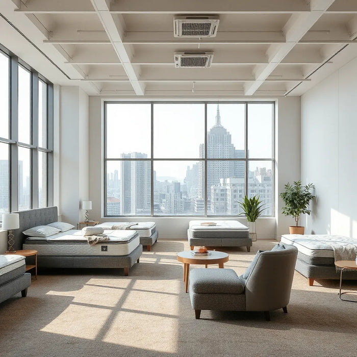 Bright Midtown Manhattan showroom with neatly arranged beds and seating for mattress testing