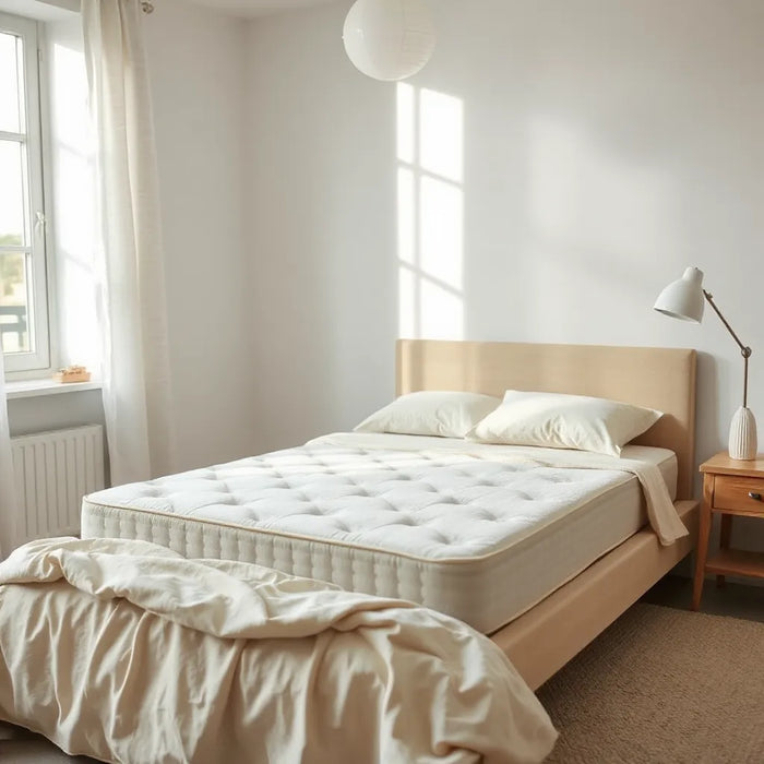 Neatly made bed with an organic cotton mattress and light neutral bedding in soft morning light