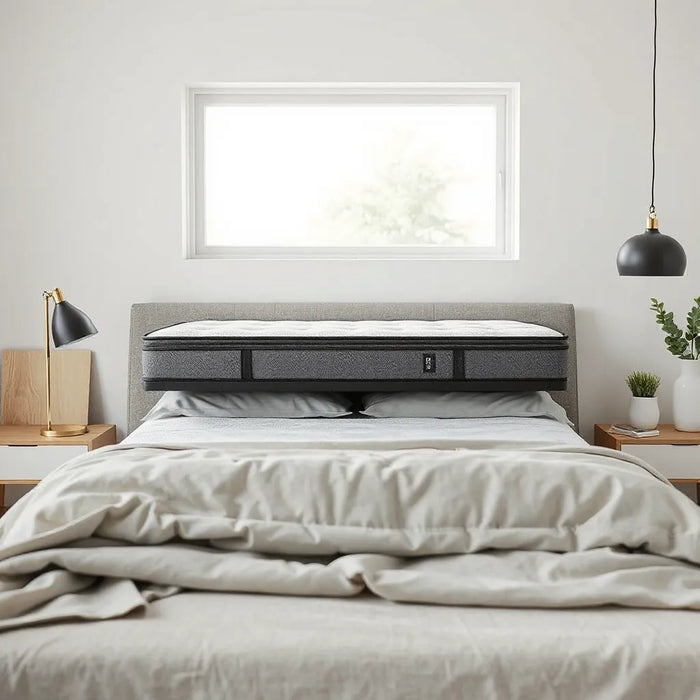 Neatly made bed showcasing a supportive mattress with visible comfort layers and lumbar support