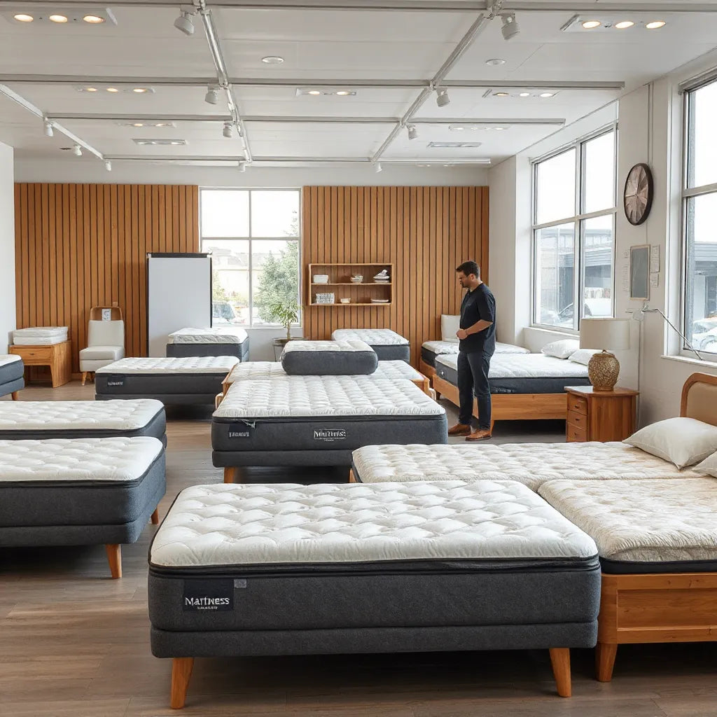 Bright mattress showroom with display beds and a shopper testing comfort near an in-store staff member