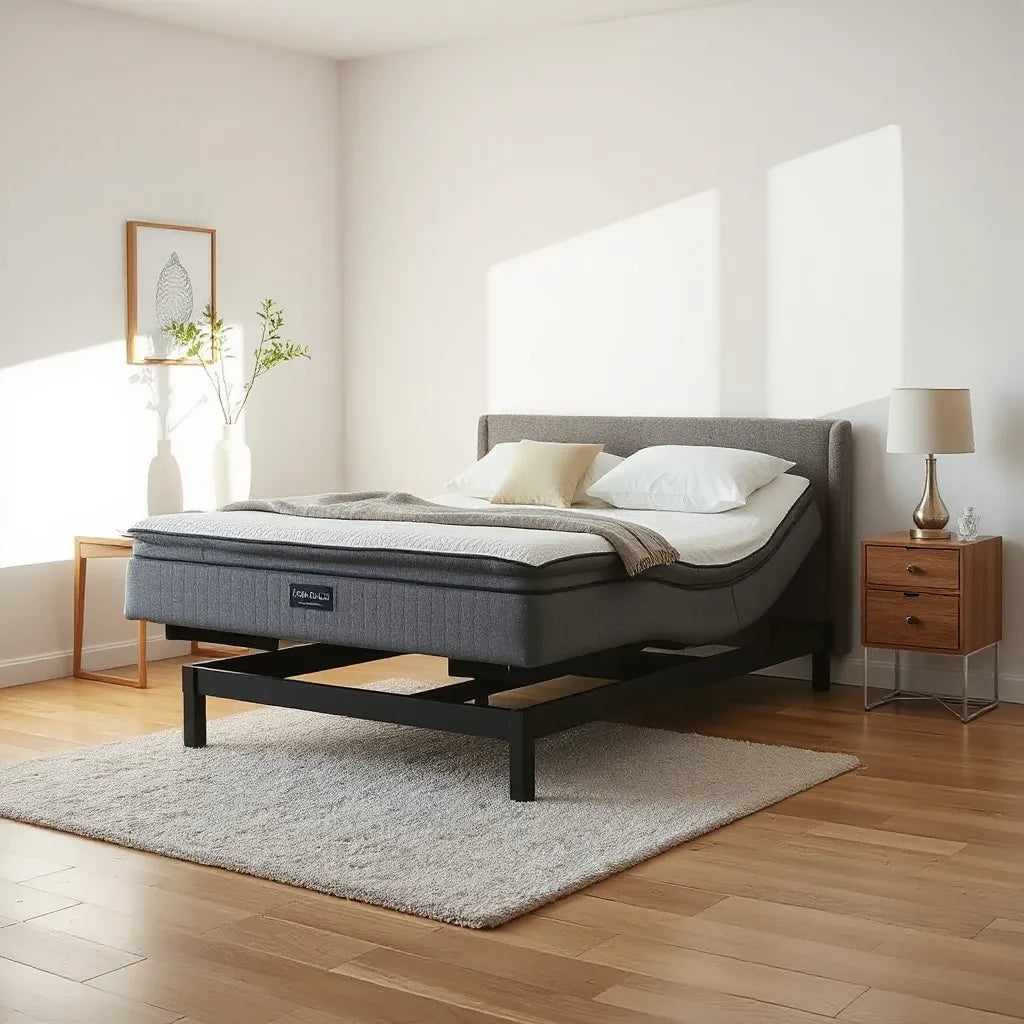 Adjustable bed base with head and knee sections raised in a bright, uncluttered bedroom