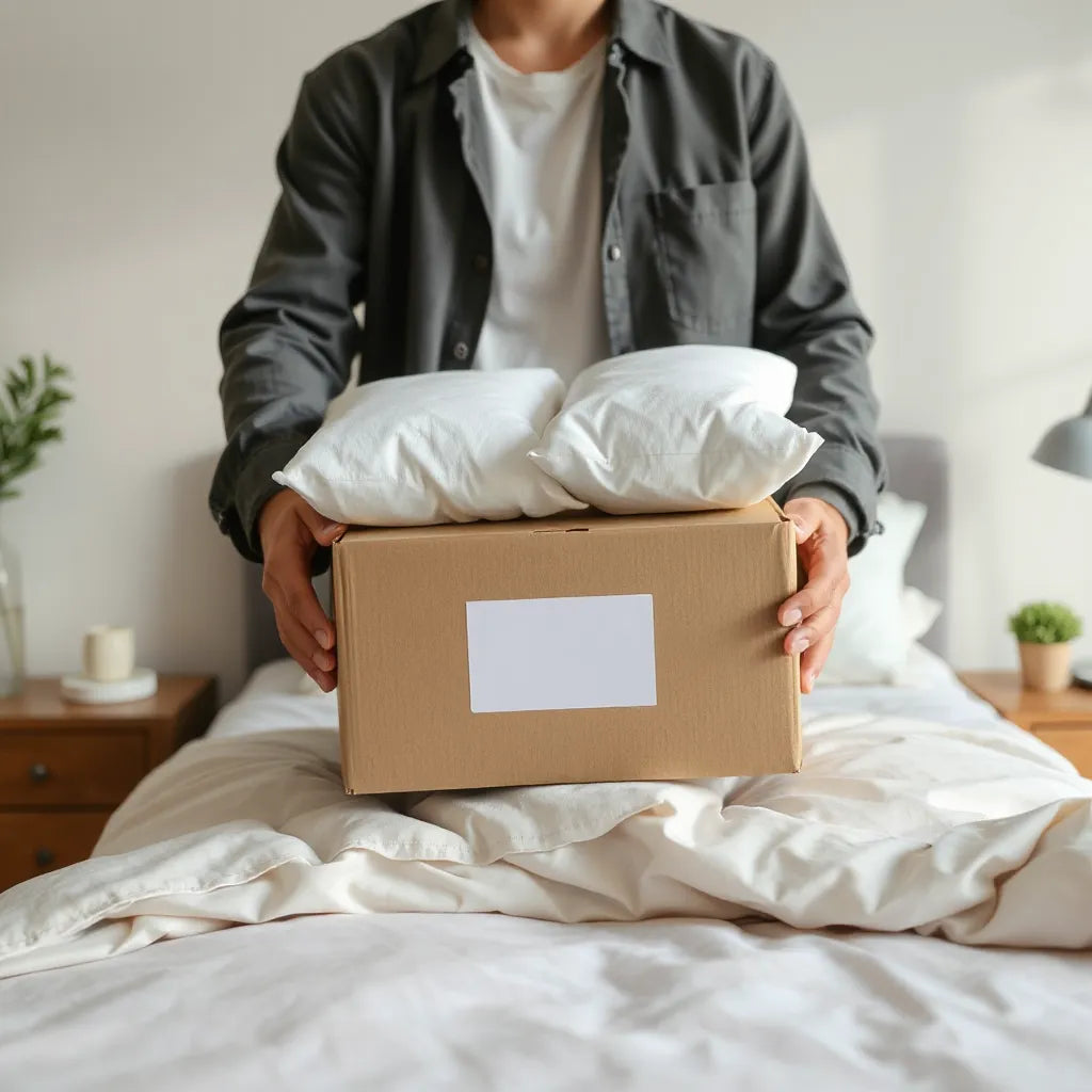 Person exchanging folded mattress covers beside a neatly made bed in a bright room