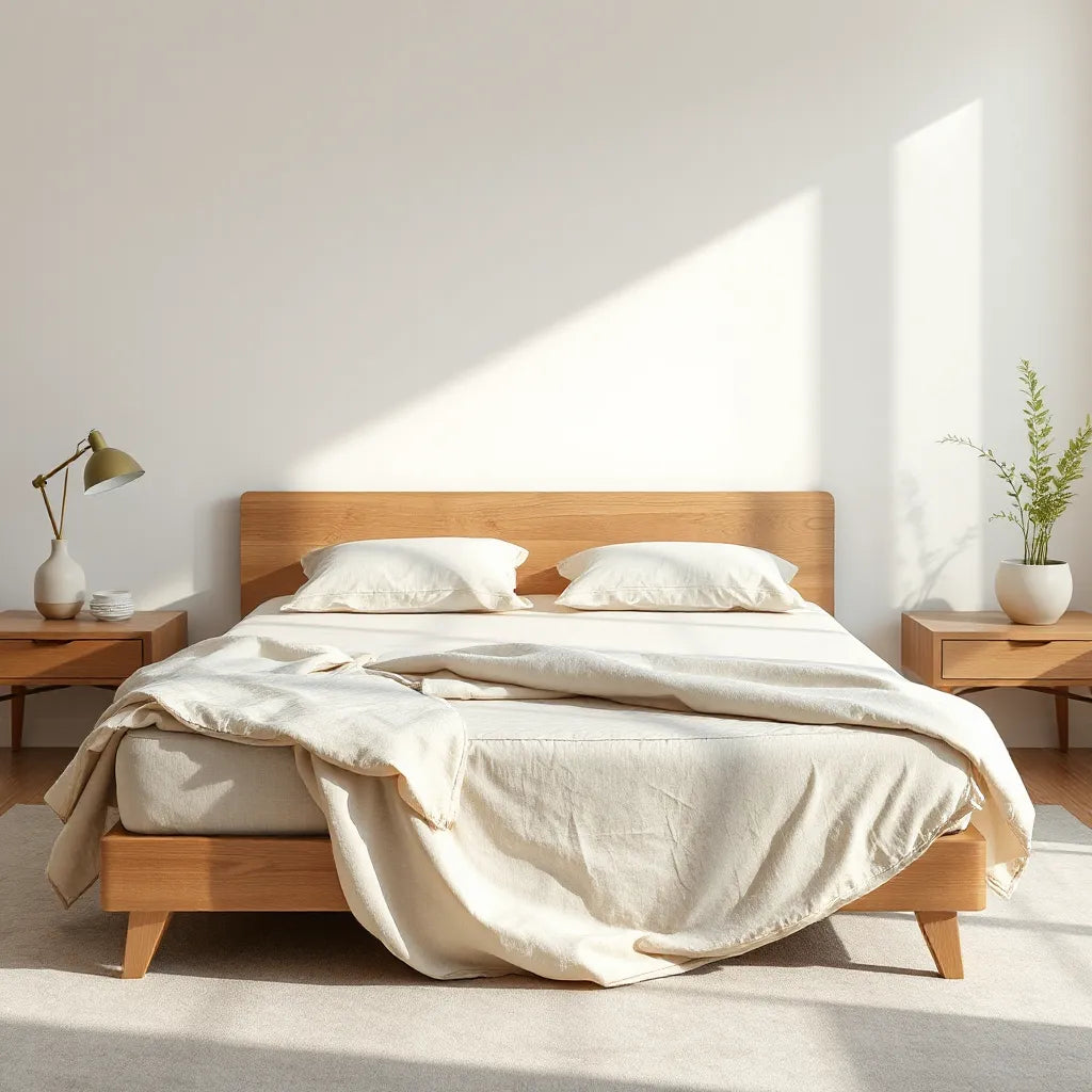 Minimal modern bed with premium mattress and neutral linens in soft natural light