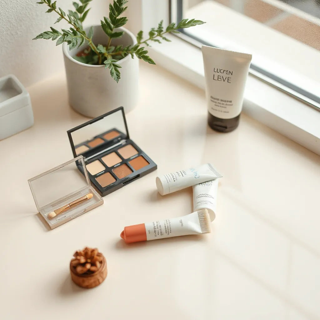 Neatly arranged vegan makeup products on a minimal tabletop with soft natural light