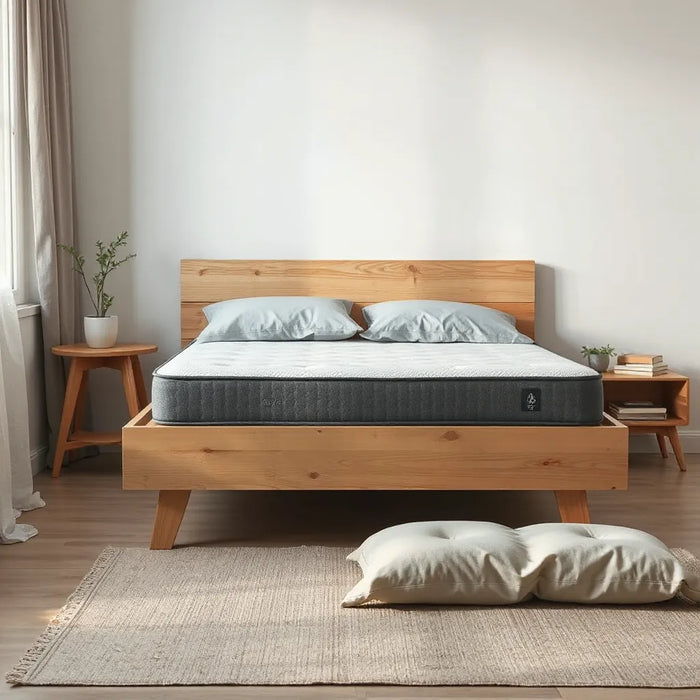 Neatly made bed with an eco-friendly mattress, natural linens, and a small plant in soft daylight