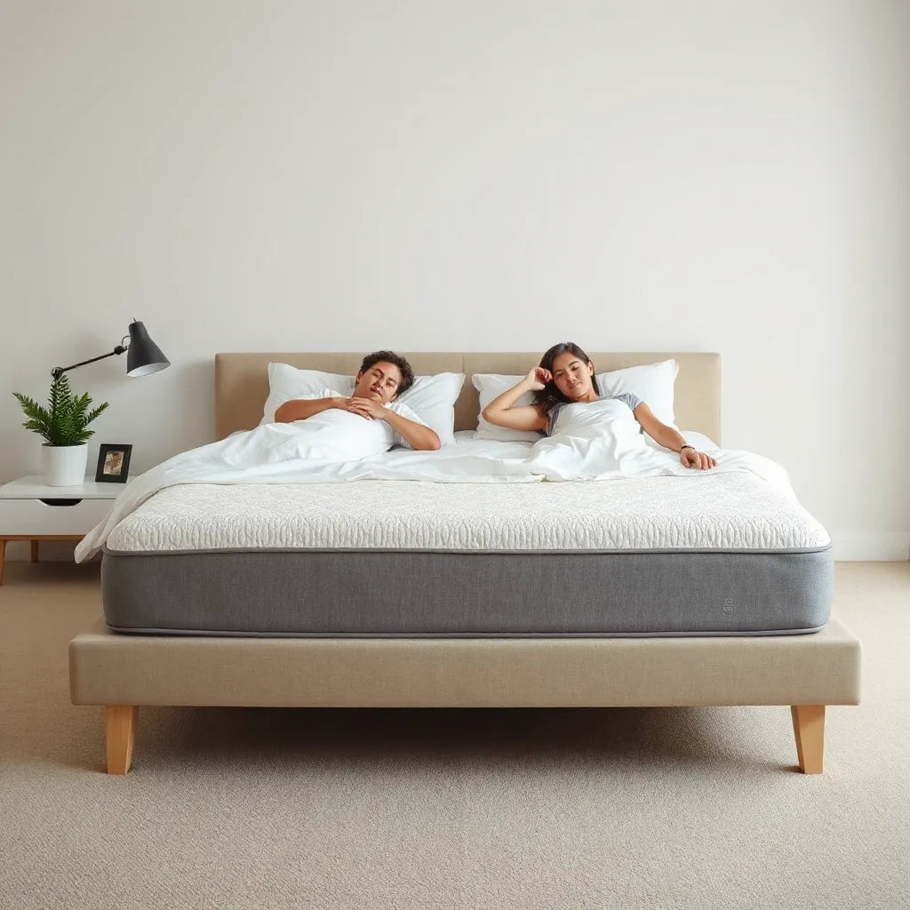 Couples sleeping on a motion-isolating mattress in a calm, modern bedroom
