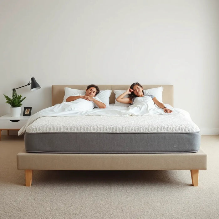 Couples sleeping on a motion-isolating mattress in a calm, modern bedroom