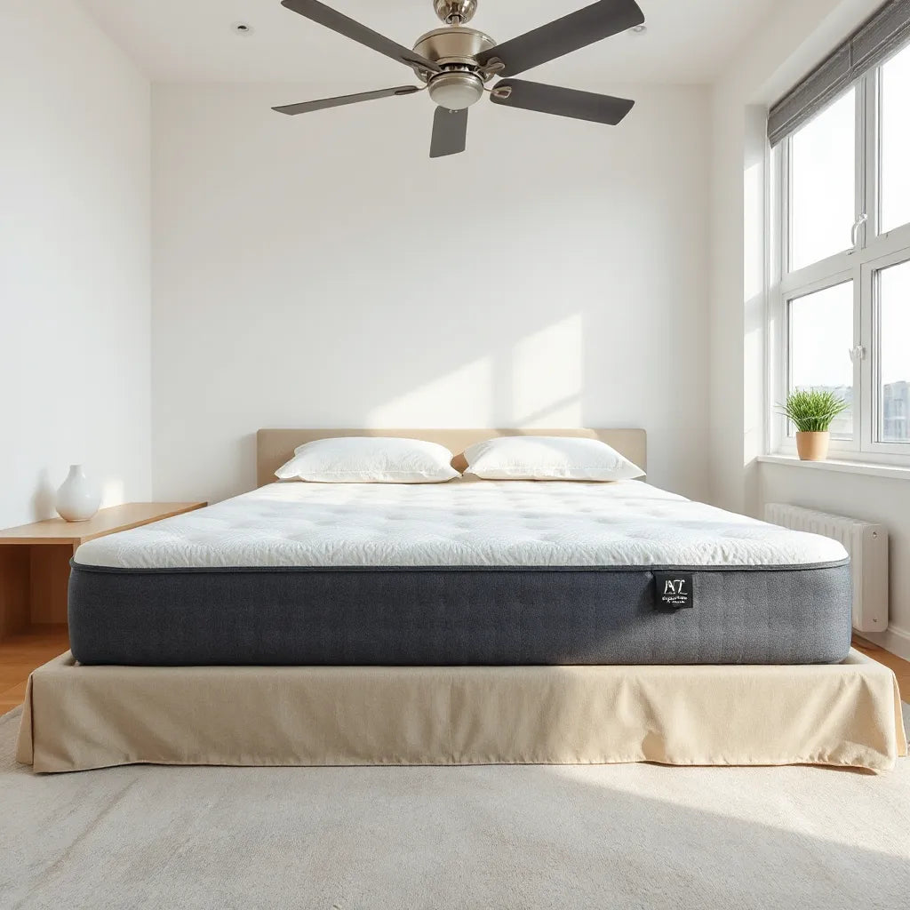 Neatly made bed with a cooling mattress topper and breathable bedding in a bright, ventilated bedroom