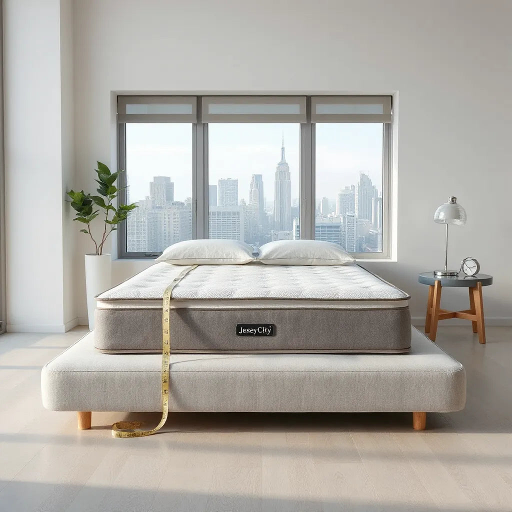 Neutral bed setup in a modern showroom with soft light and a measuring tape on a side table