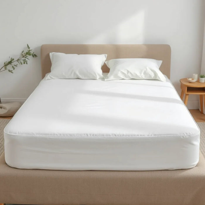 Snug fitted-sheet style mattress protector covering a neatly made bed with elastic corners tucked in