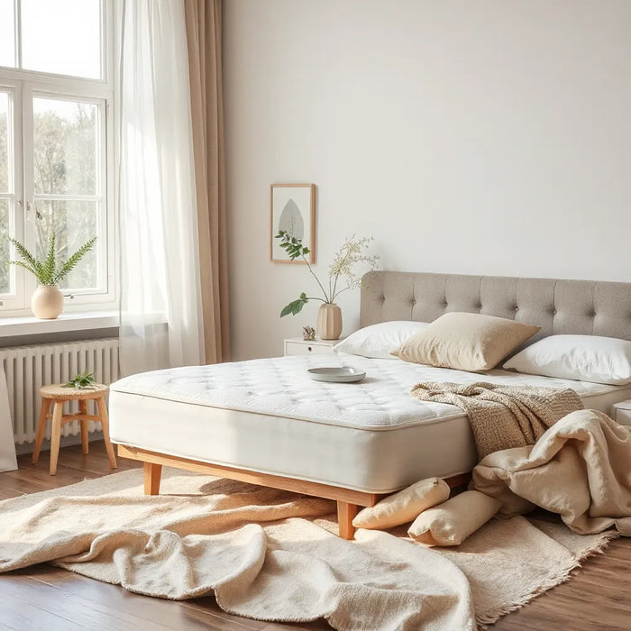 Luxury organic mattress on a minimal bed with natural bedding and soft daylight