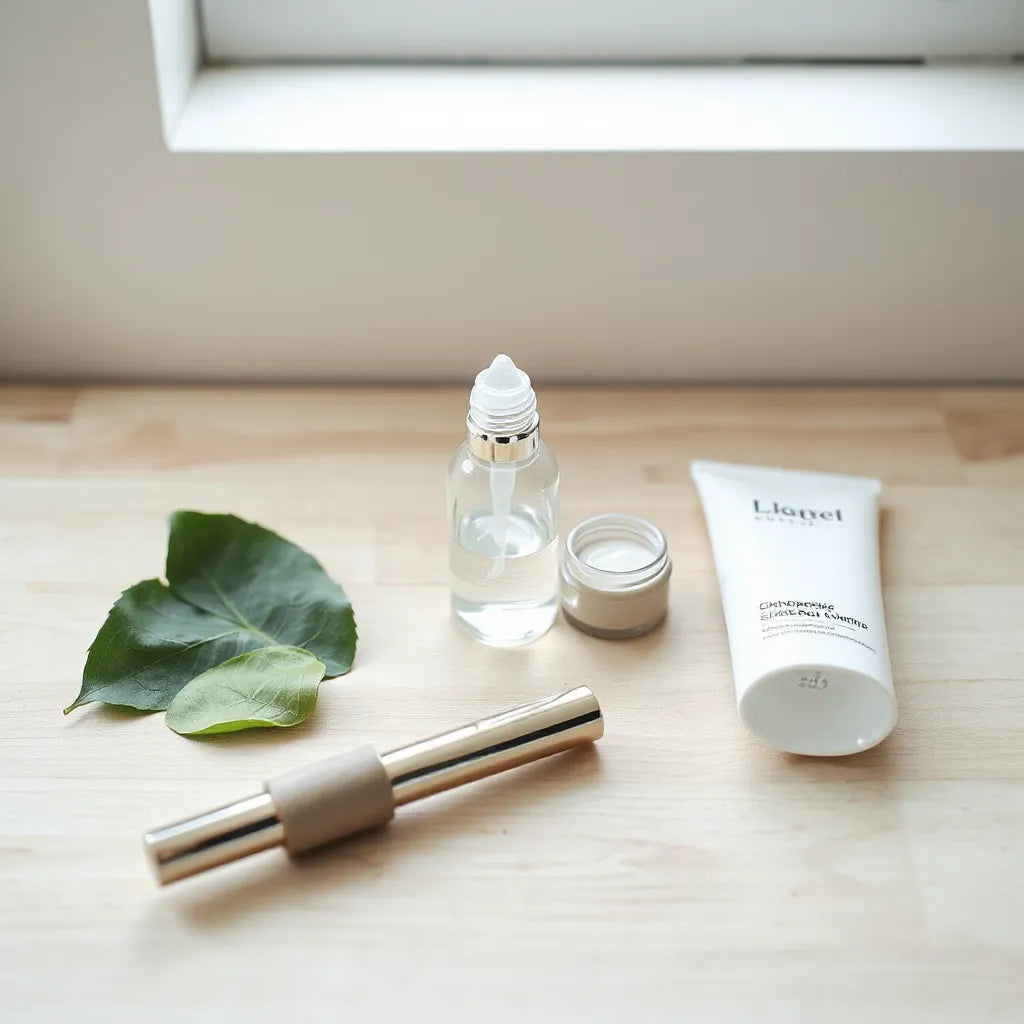 Skincare bottles and cream on a clean vanity with natural leaves in soft daylight