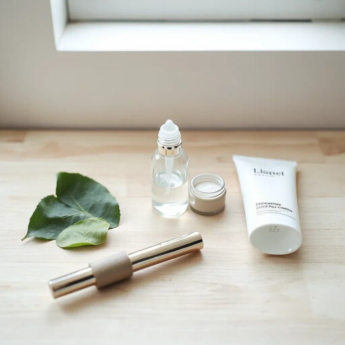 Skincare bottles and cream on a clean vanity with natural leaves in soft daylight