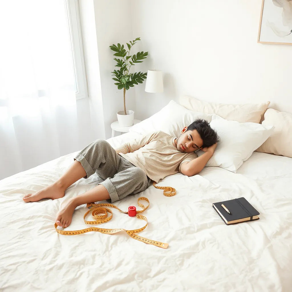 Person testing a mattress with a tape measure on a bedside table in a bright modern bedroom