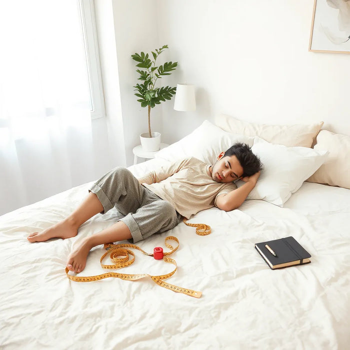 Person testing a mattress with a tape measure on a bedside table in a bright modern bedroom