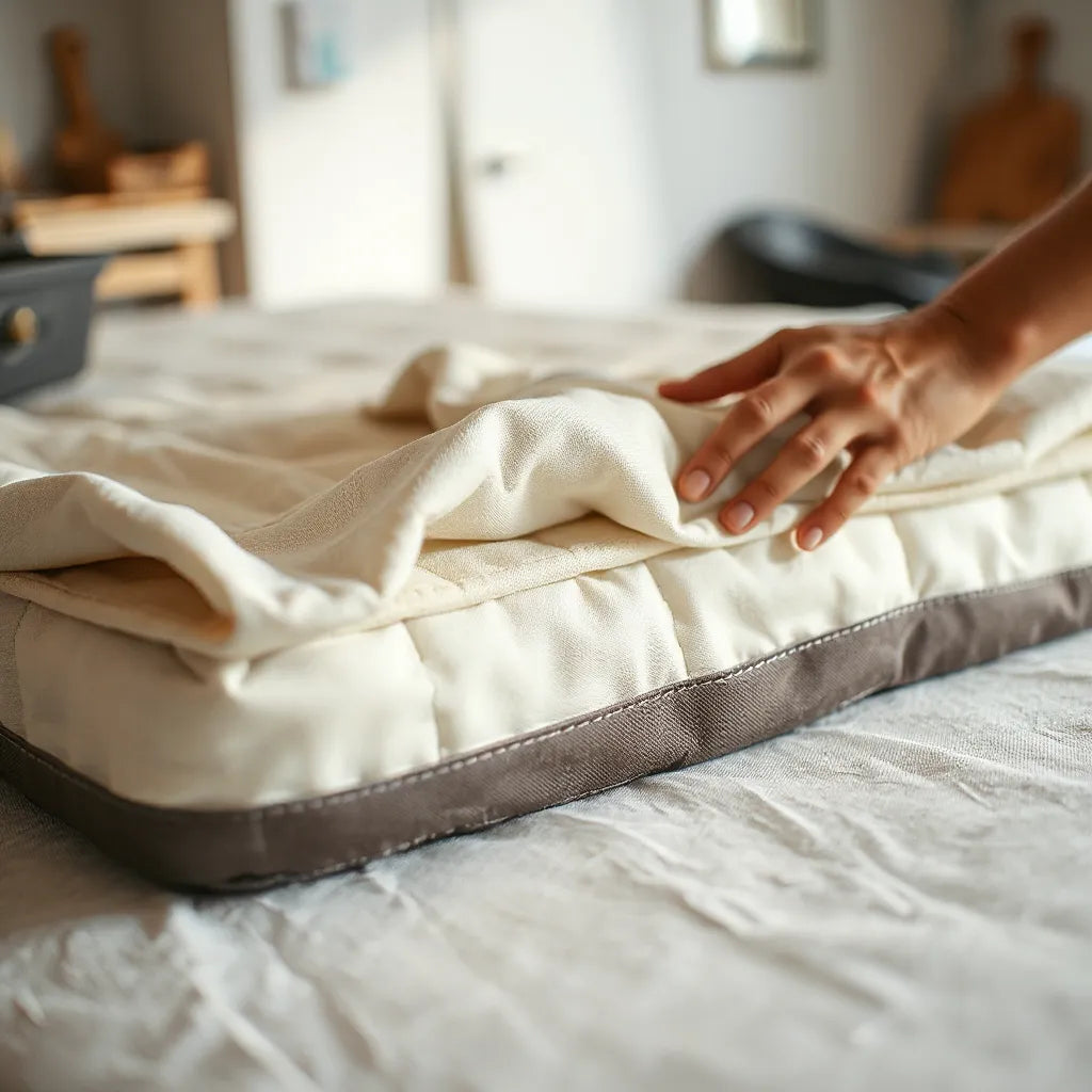 Artisan hands stitching and smoothing fabric on a premium hand-finished mattress in soft natural light