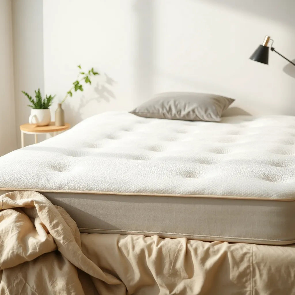 Neatly made bed with a contouring pressure-relief mattress surface in a calm bedroom