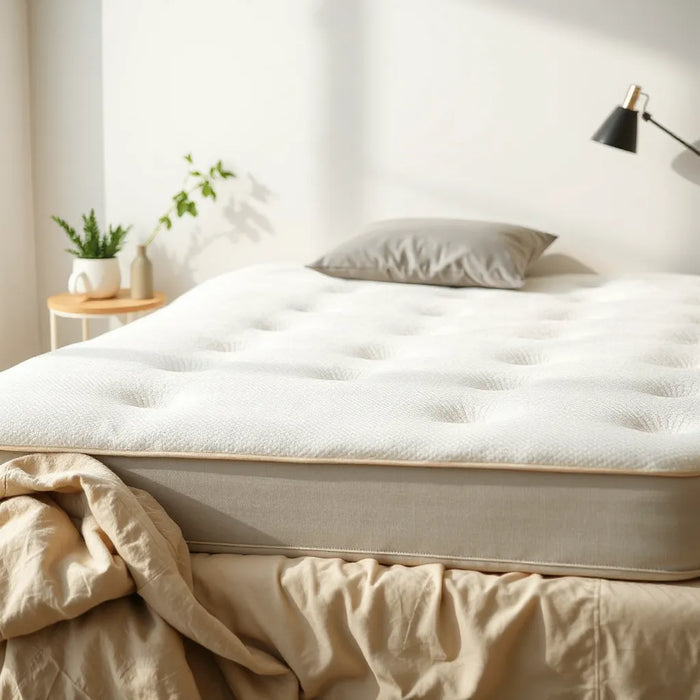 Neatly made bed with a contouring pressure-relief mattress surface in a calm bedroom