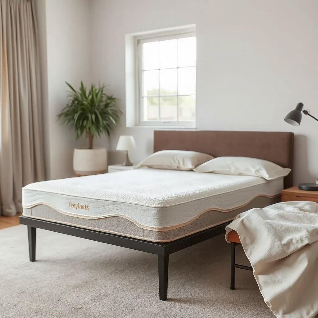 Hybrid memory foam mattress on a modern bed with neutral linens in soft natural daylight
