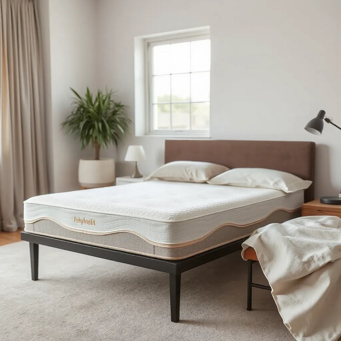 Hybrid memory foam mattress on a modern bed with neutral linens in soft natural daylight