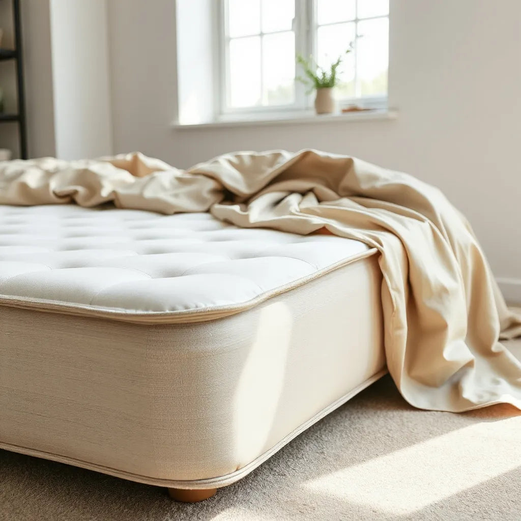 Durable-looking mattress on a neatly made bed with soft natural light in a clean bedroom setting
