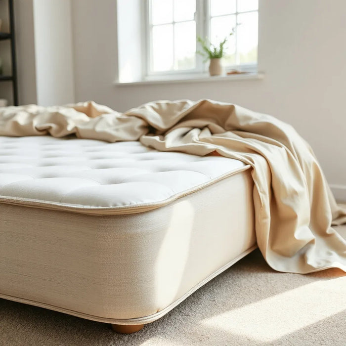 Durable-looking mattress on a neatly made bed with soft natural light in a clean bedroom setting