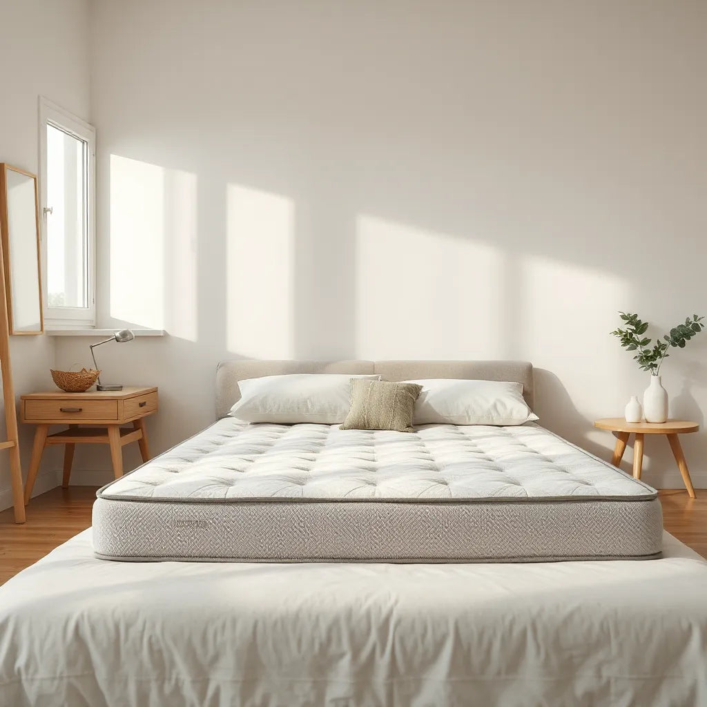 Neatly made bed with a modern mattress and pillows in a bright, minimalist bedroom.