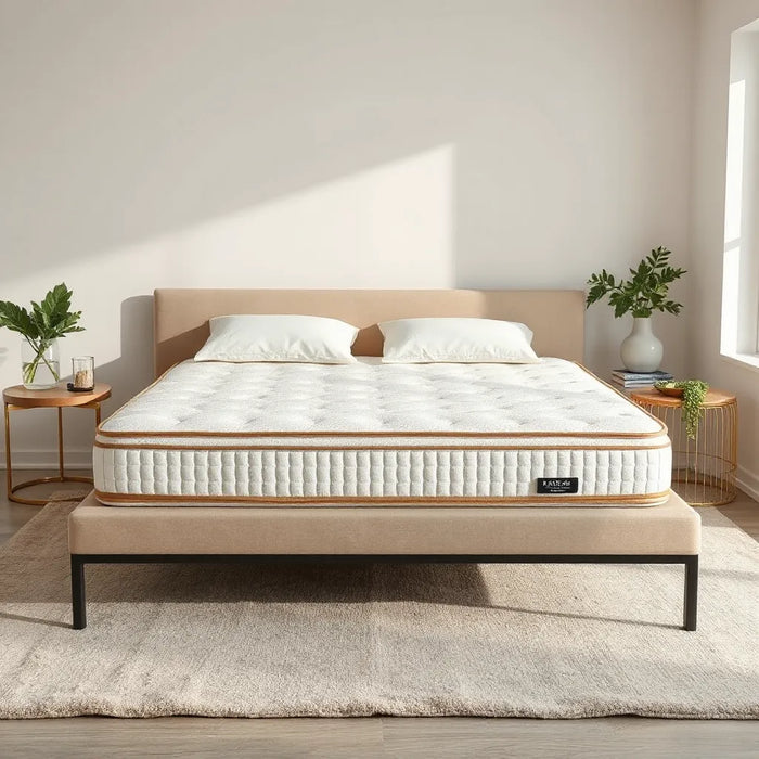 Premium mattress on a neatly made bed with soft luxury bedding in natural daylight