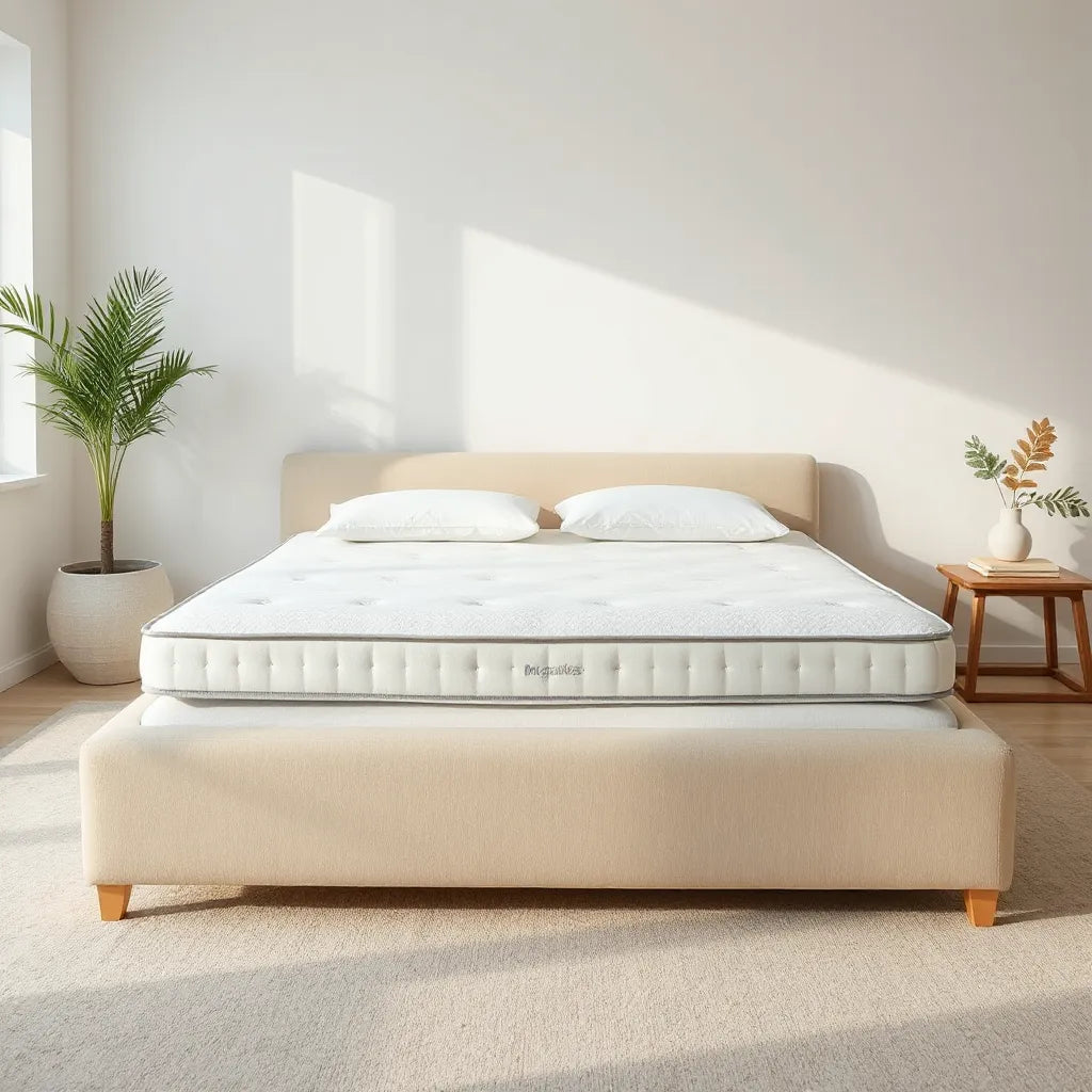 Breathable mattress protector covering a clean mattress in a bright, minimalist bedroom