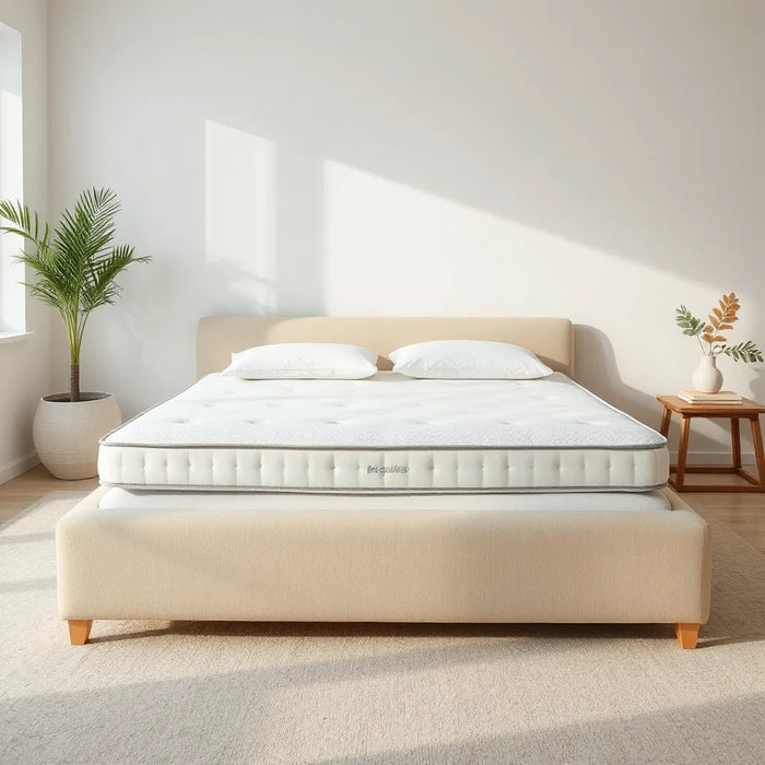 Breathable mattress protector covering a clean mattress in a bright, minimalist bedroom