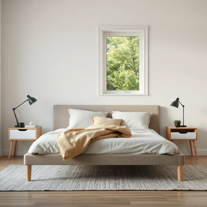 Adjustable bed frame with head and leg lift positions in a modern, uncluttered bedroom