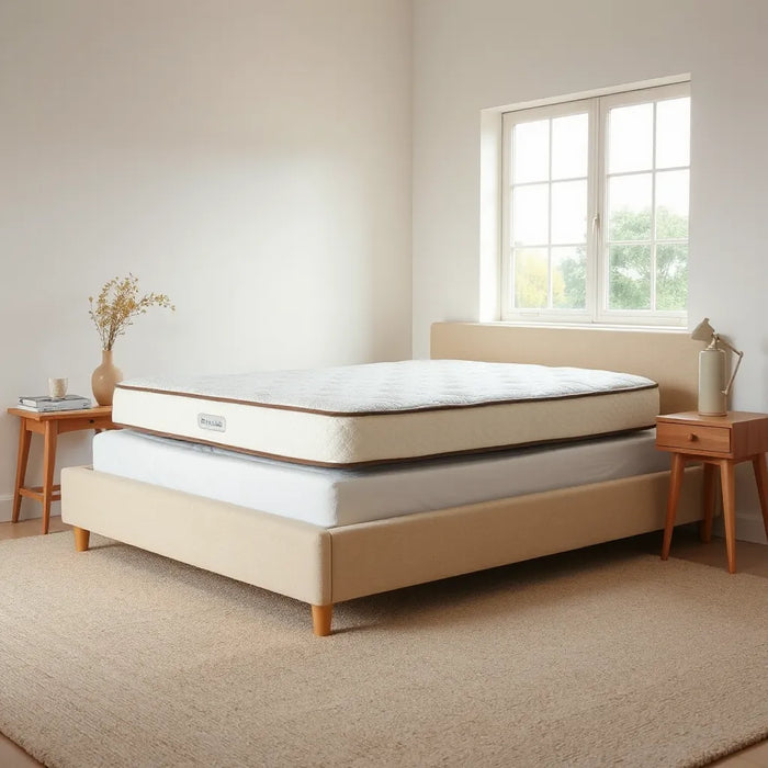 Neatly made bed with a natural fiber mattress in a bright, minimalist bedroom setting