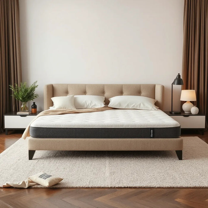 Luxury mattress on a modern bed in a bright, minimal bedroom with plush neutral bedding