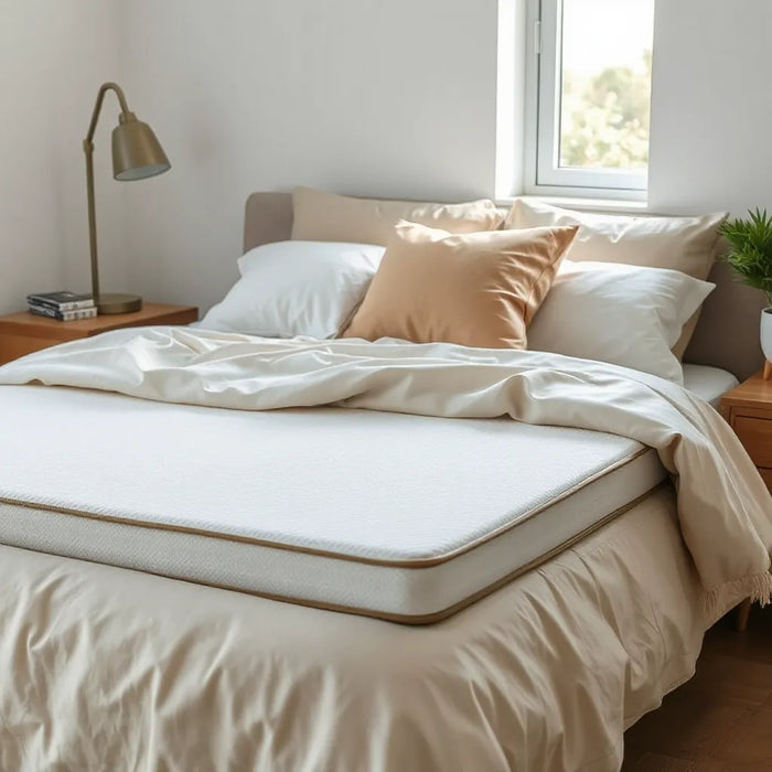 Neatly made bed with a memory foam mattress in a bright, minimal bedroom