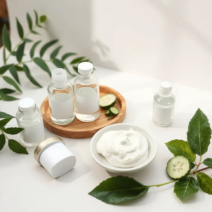 Natural vegan skincare containers with cream swatch, fresh green leaves, and cucumber on a minimalist tray