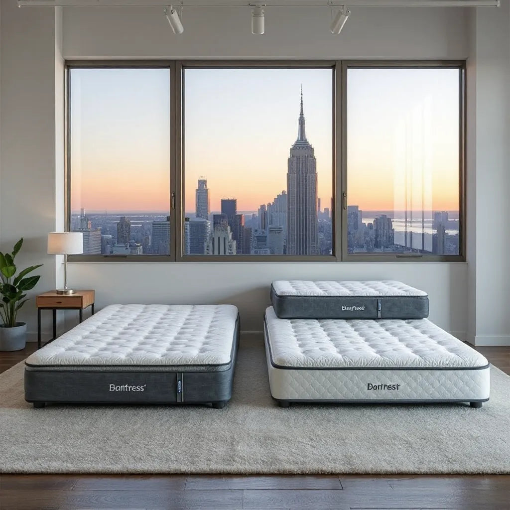 Modern mattress display in a New York City showroom with neutral bedding and skyline view