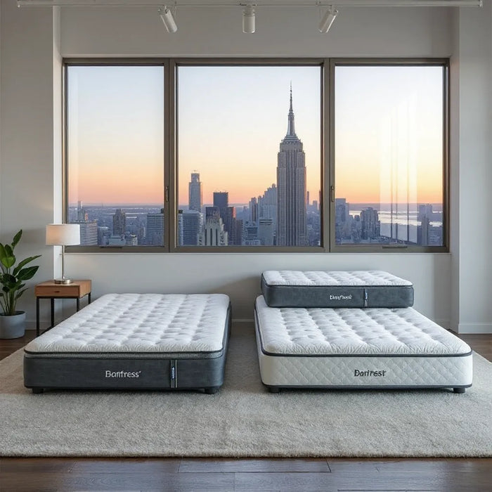 Modern mattress display in a New York City showroom with neutral bedding and skyline view