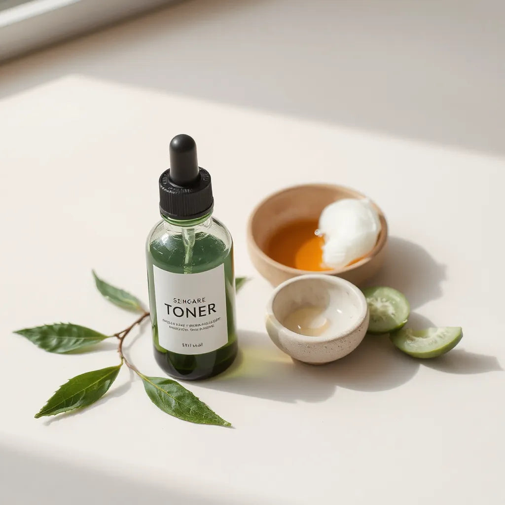 Pore-refining toner bottle with dropper, toner drops, and cotton pad on a clean neutral background