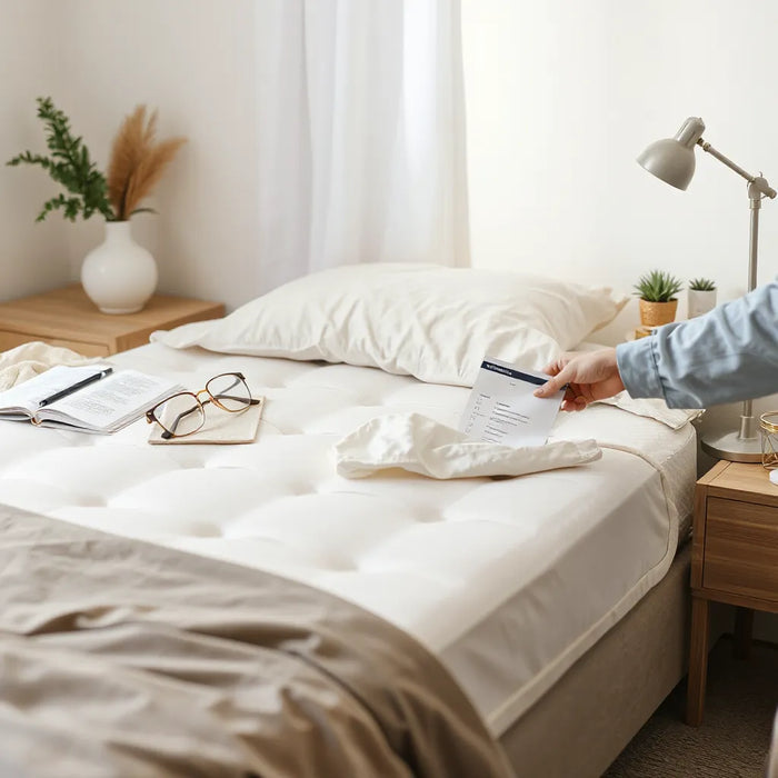 Neatly made bed with a hand placing a trial checklist card on the nightstand