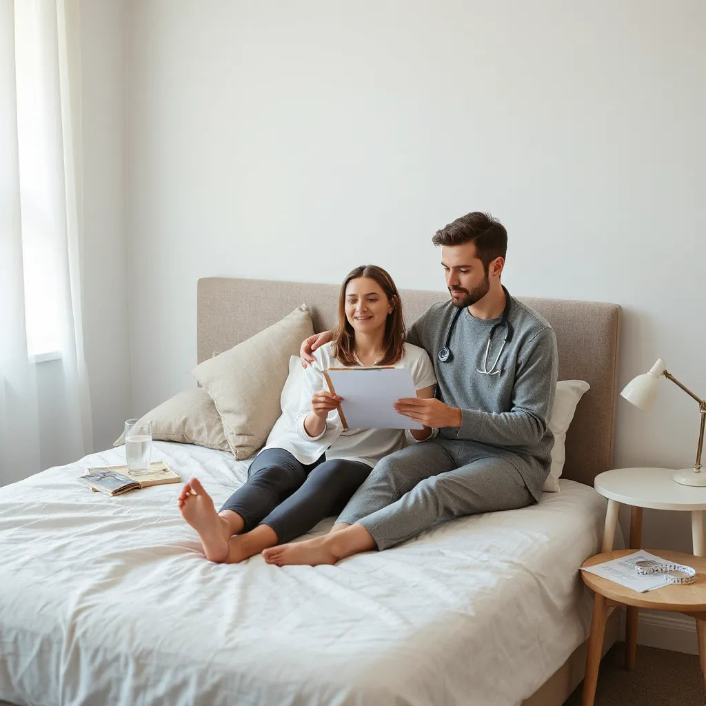 Sleep specialist reviewing a sleep checklist beside a neatly made bed in a calm bedroom