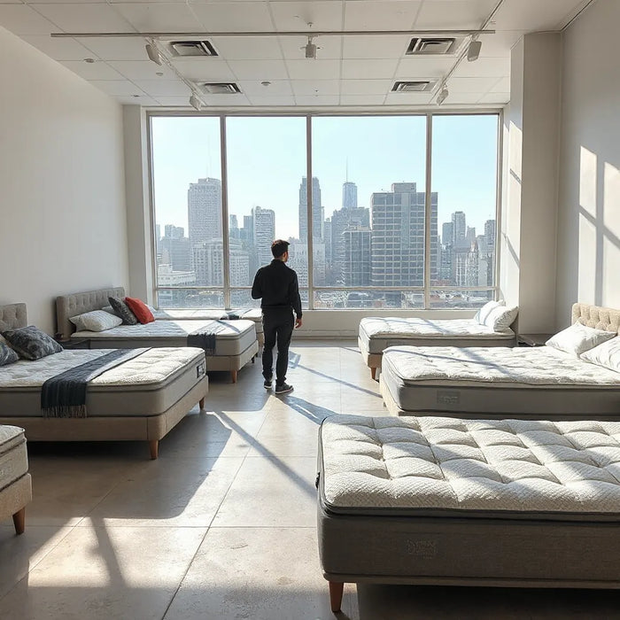 Bright NYC mattress showroom with displayed beds and a customer discussing options with staff