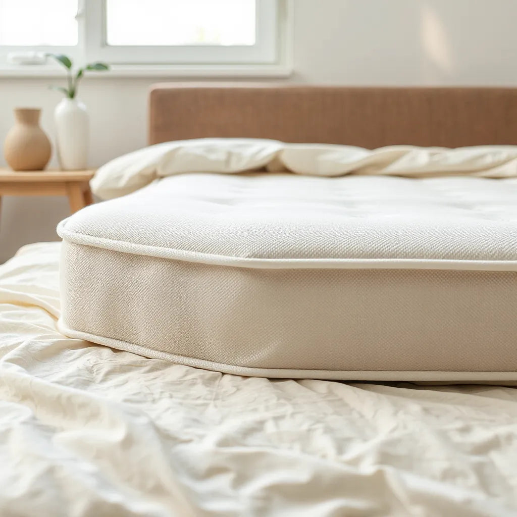 Modern mattress with a breathable fabric cover in a calm, well-lit bedroom setting