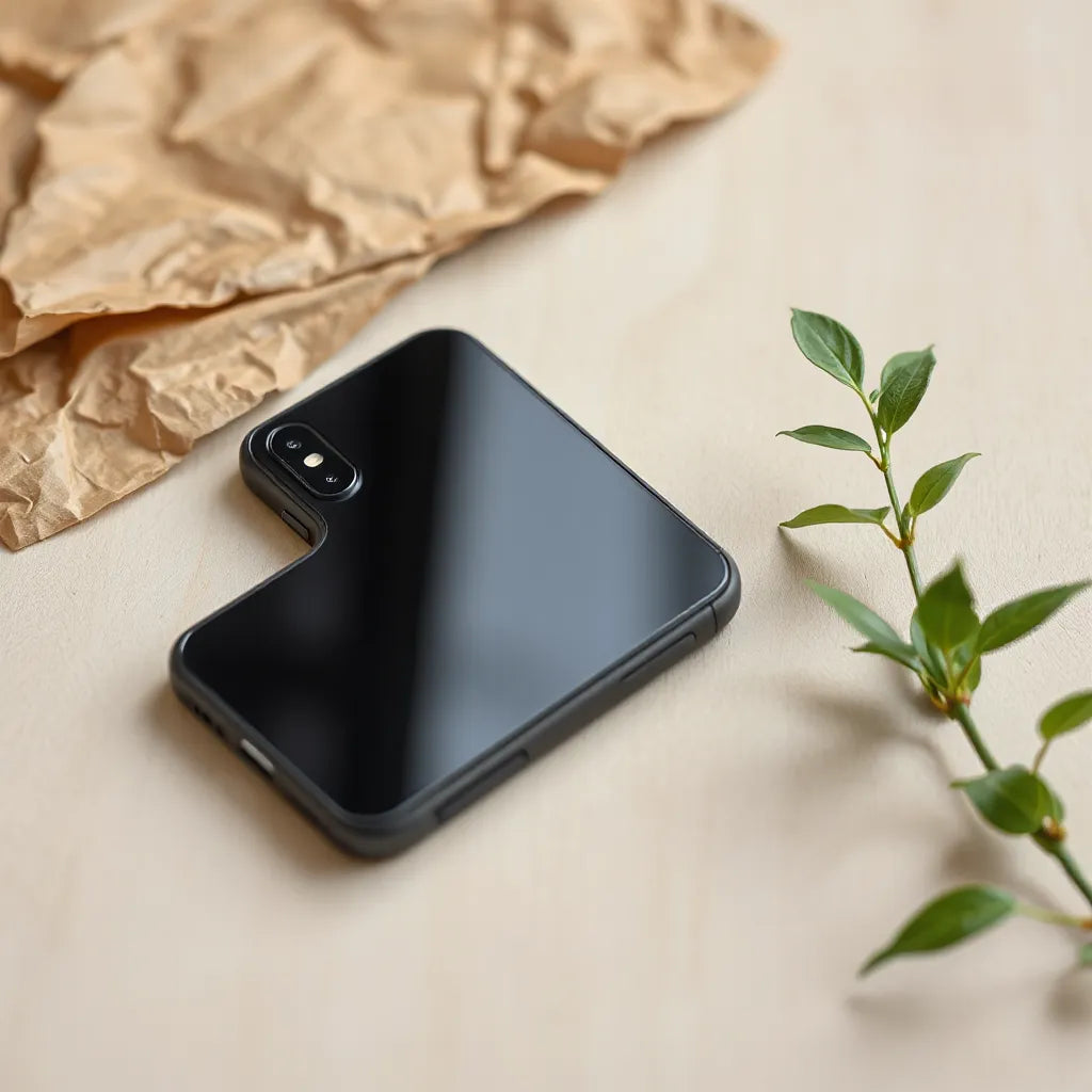 Smartphone with a natural-looking biodegradable phone case beside a small plant on a light wood surface
