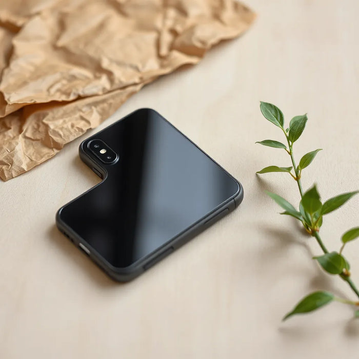 Smartphone with a natural-looking biodegradable phone case beside a small plant on a light wood surface