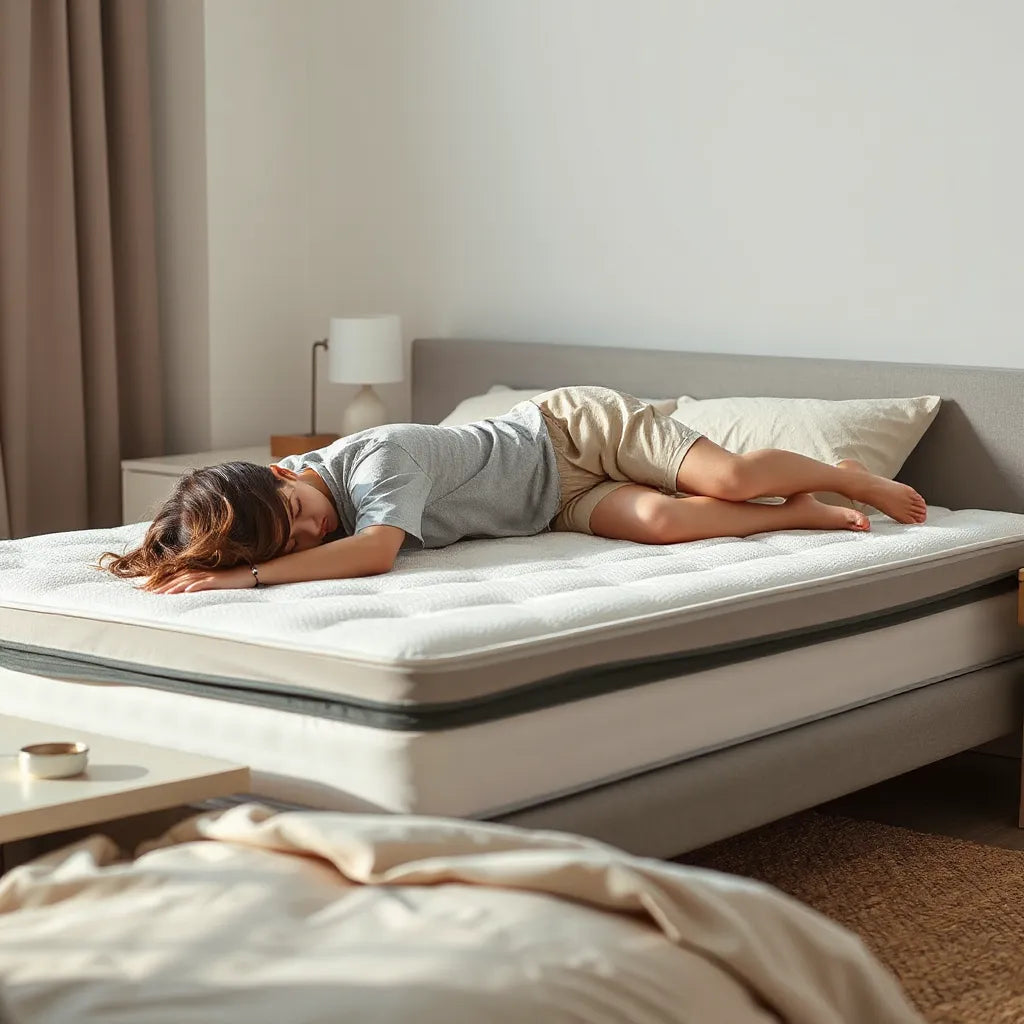 Person side sleeping on a supportive modern mattress in a bright, tidy bedroom